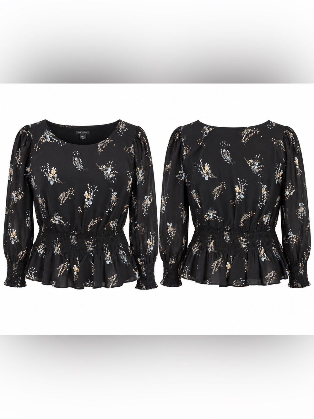 Ann Taylor XXLT Black Floral Smocked Waist Peplum Blouse Long Sleeve